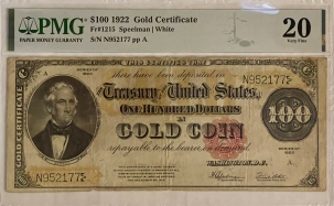 Coin World/Numismatic News Featured Coins 1922 $100 GOLD CERTIFICATE, FR-1215, SPEELMAN-WHITE, PP A, PMG VF-20, TOUGH!