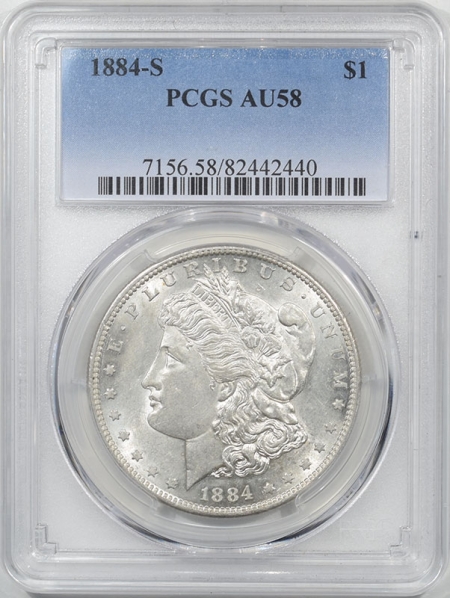 Morgan Dollars 1884-S MORGAN DOLLAR – PCGS AU-58, FLASHY WHITE & NEARLY UNCIRCULATED