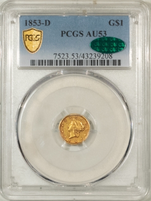$1 1853-D GOLD DOLLAR PCGS AU-53 CAC, ORIGINAL & PQ! CAC POP 2, LOW MINTAGE DATE!