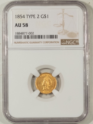 $1 1854 TY II $1 GOLD DOLLAR – NGC AU-58 FRESH & ORIGINAL!