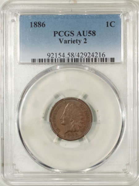 New Store Items 1886 INDIAN CENT, VARIETY 2 – PCGS AU-58
