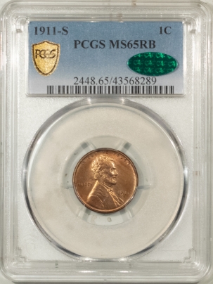 CAC Approved Coins 1911-S LINCOLN CENT PCGS MS-65 RB CAC, NEARLY RED, PRISTINE & PQ!