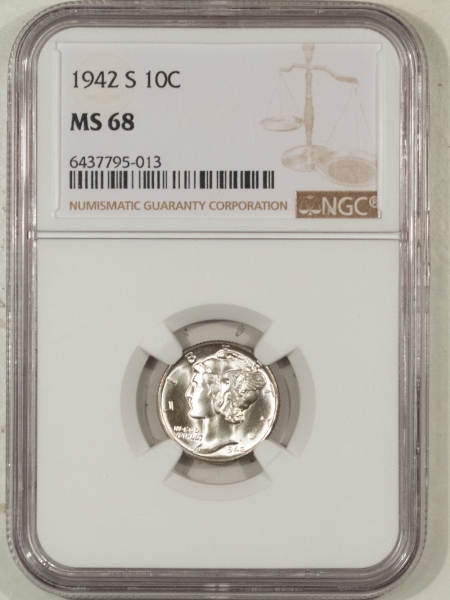 New Store Items 1942-S MERCURY DIME – NGC MS-68 NEARLY FB, POP 5/NONE FINER!