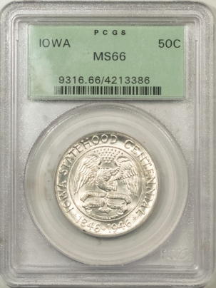 New Certified Coins 1946 IOWA COMMEMORATIVE HALF DOLLAR – PCGS MS-66 OGH, PREMIUM QUALITY!
