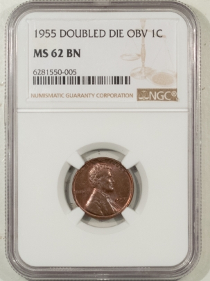 Lincoln Cents (Wheat) 1955 LINCOLN CENT, DOUBLED DIE OBVERSE – NGC MS-62 BN