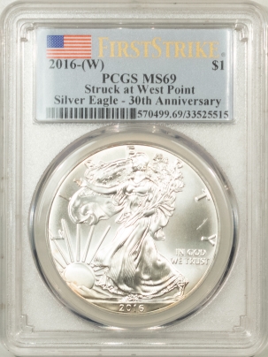 New Store Items 2016-(W) $1 AMERICAN SILVER EAGLE 1 OZ – PCGS MS-69 FIRST STRIKE, 30 ANNIVERSARY