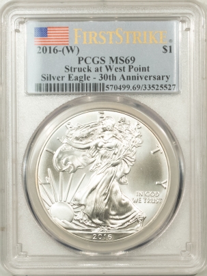 American Silver Eagles 2016-(W) AMERICAN SILVER EAGLE 1 OZ – PCGS MS-69 FIRST STRIKE, 30 ANNIVERSARY
