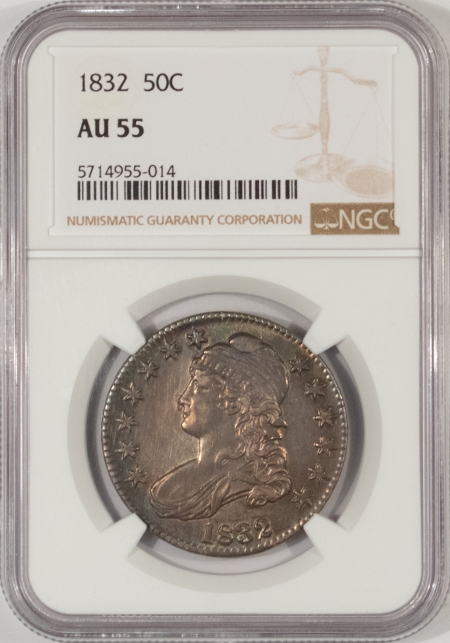 Early Halves 1832 CAPPED BUST HALF DOLLAR – SMALL LETTERS – NGC AU-55, PRETTY & ORIGINAL!