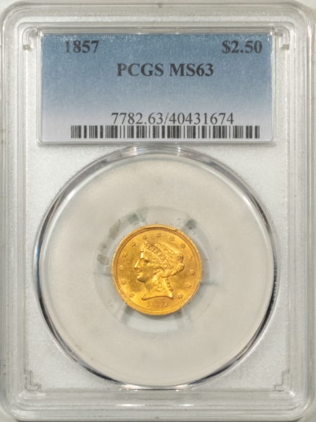 $2.50 1857 $2.50 LIBERTY GOLD – PCGS MS-63, CHOICE, SCARCE DATE!