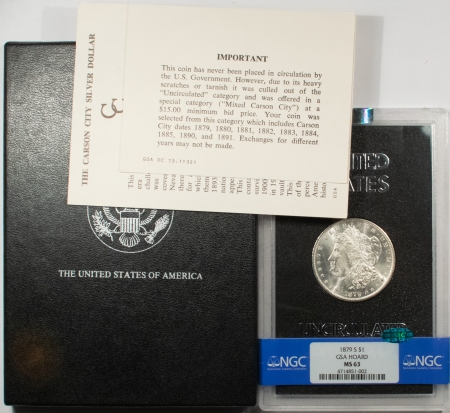 CAC Approved Coins 1879-S MORGAN DOLLAR GSA – NGC MS-63 CAC APPROVED! WHITE & PQ! W/ BOX & CARDS