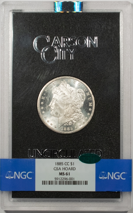 CAC Approved Coins 1885-CC MORGAN DOLLAR GSA W/ BOX & CARD – NGC MS-61 CAC! BLAZING WHITE!