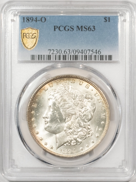 Morgan Dollars 1894-O MORGAN DOLLAR – PCGS MS-63 BLAST WHITE, LUSTROUS! TOUGH DATE!