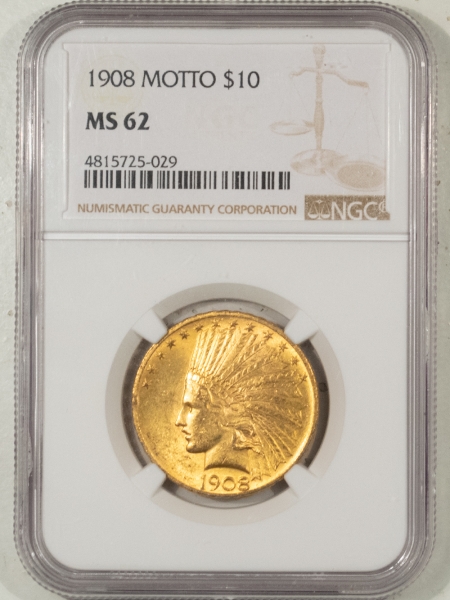 $10 1908 $10 MOTTO INDIAN GOLD – NGC MS-62