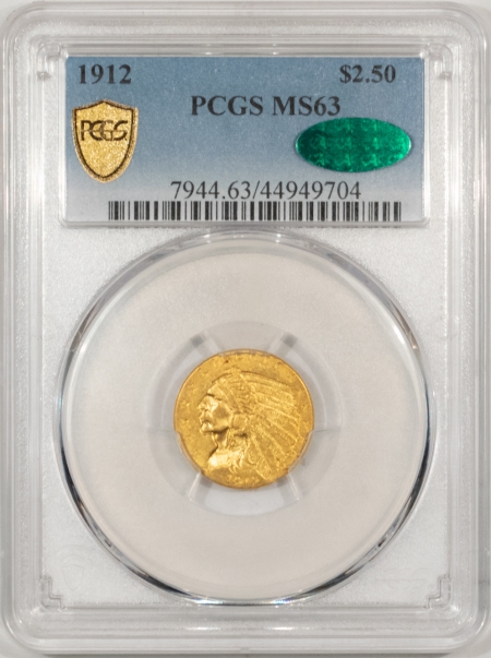 $2.50 1912 $2.50 INDIAN GOLD – PCGS MS-63, CAC APPROVED FRESH & FLASHY!