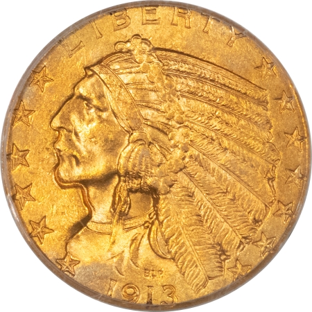 $5 1913 $5 INDIAN HEAD GOLD – PCGS MS-63 OLD GREEN HOLDER, PRETTY!