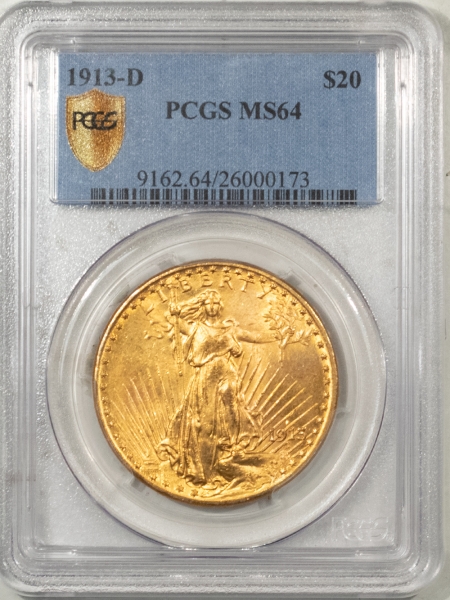 $20 1913-D $20 ST GAUDENS GOLD – PCGS MS-64