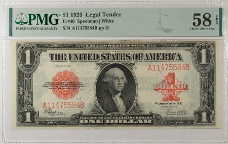 Large U.S. Notes 1923 $1 LEGAL TENDER RED SEAL US NOTE FR-40 PMG CHOICE ABOUT UNCIRCULATED 58 EPQ