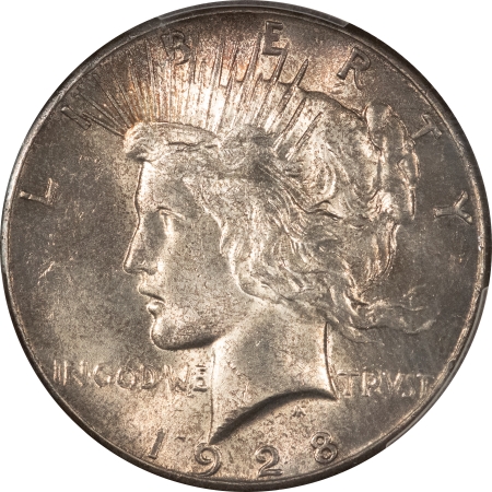 New Certified Coins 1928 PEACE DOLLAR – PCGS MS-62, ORIGINAL W/ UNDERLYING LUSTER, KEY-DATE