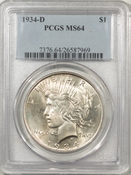 New Certified Coins 1934-D PEACE DOLLAR – PCGS MS-64, LUSTROUS & WELL-STRUCK