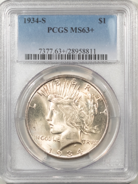 New Certified Coins 1934-S PEACE DOLLAR – PCGS MS-63+ FRESH WHITE, LUSTROUS & WELL-STRUCK, KEY-DATE