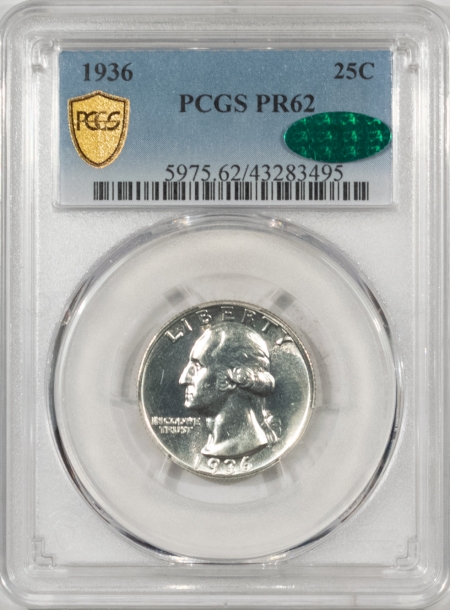 CAC Approved Coins 1936 PROOF WASHINGTON QUARTER – PCGS PR-62 RARE! ONLY POP 2, CAC APPROVED!
