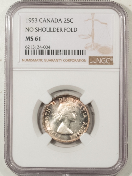 New Certified Coins 1953 CANADA 25c NO SHOULDER FOLD – NGC MS-61, KM#52