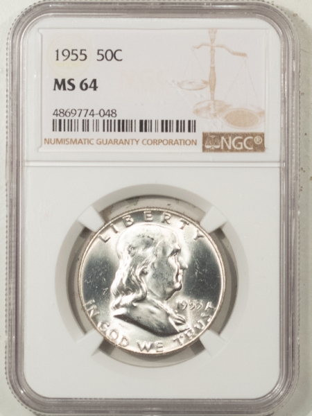 Franklin Halves 1955 FRANKLIN HALF DOLLAR – NGC MS-64 BLAST WHITE!