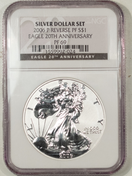American Silver Eagles 2006-P REV AMERICAN SILVER EAGLE DOLLAR, FROM 20TH ANNIVERSARY SET – NGC PF-69