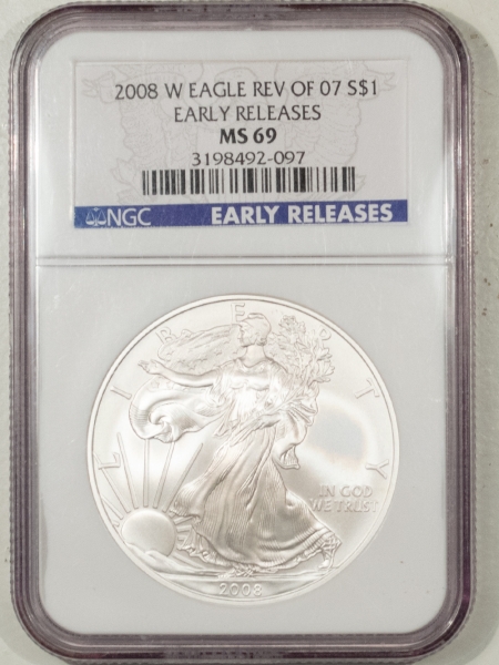 American Silver Eagles 2008-W REVERSE OF 07 AMERICAN SILVER EAGLE BURNISHED – NGC MS-69 EARLY RELEASES