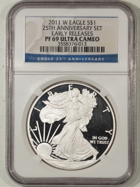 American Silver Eagles 2011-W AMERICAN SILVER EAGLE, 25TH ANNIV, EARLY RELEASE – NGC PF-69 ULTRA CAMEO