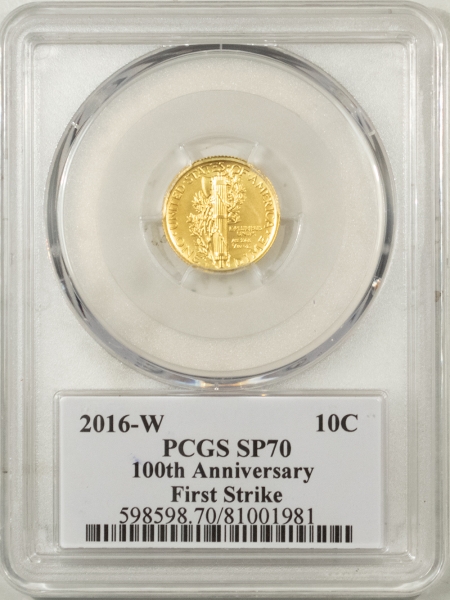 Modern Gold Commems 2016-W GOLD MERCURY DIME, FIRST STRIKE, 100TH ANNIV – PCGS SP-70