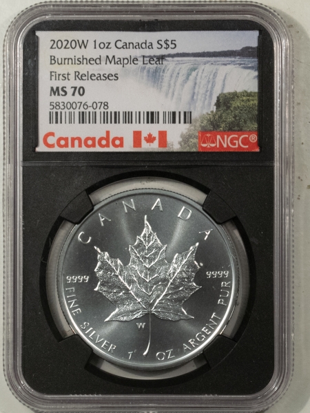 New Certified Coins 2020-W $5 CANADA 1 OZ BURNISHED MAPLE LEAF, FIRST RELEASE – NGC MS-70