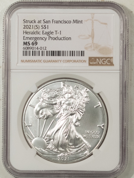 American Silver Eagles 2021(S) SILVER EAGLE, HERALDIC EAGLE T-1, EMERGENCY PRODUCTION – NGC MS-69