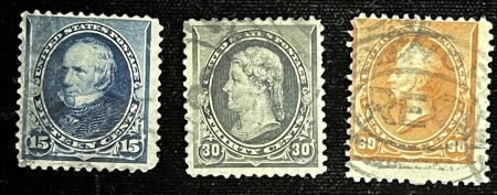 U.S. Stamps SCOTT #227-229 (3), 15c, 30c, 90c, USED, MINOR FAULTS BUT OVERALL SOUND-CAT $195