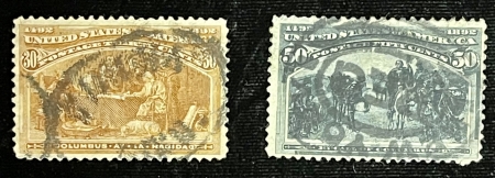 U.S. Stamps SCOTT #239-240 30c ORANGE-BROWN & 50c SLATE BLUE COLUMBIANS, USED, VG+-CAT $265