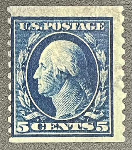 U.S. Stamps SCOTT #447 5c BLUE, PERF 10 VERT, USED, abt FINE, SCARCE POSTALLY USED, CAT $110
