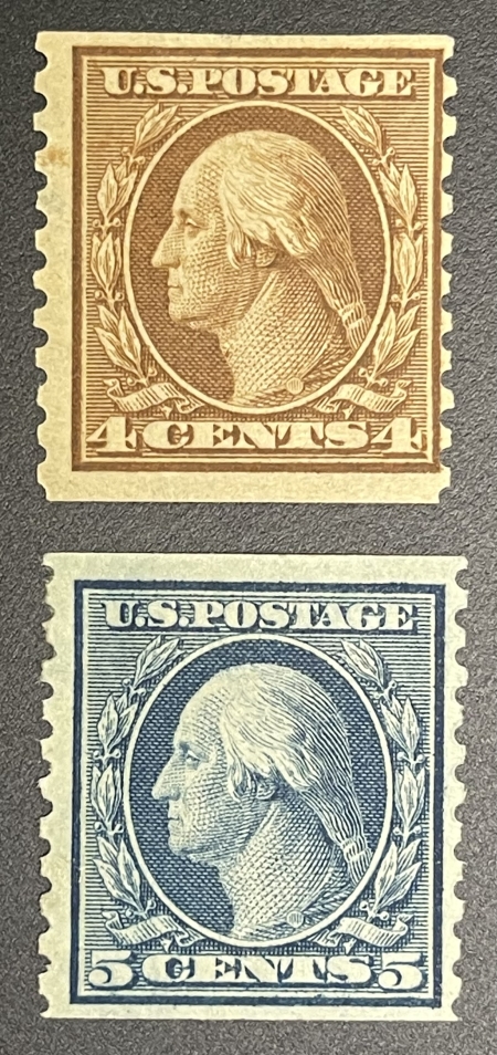 U.S. Stamps SCOTT #457-458 4c & 5c COILS (2), PERF 10 VERT, MOG-H, AVG CENTERING, CAT $62.50