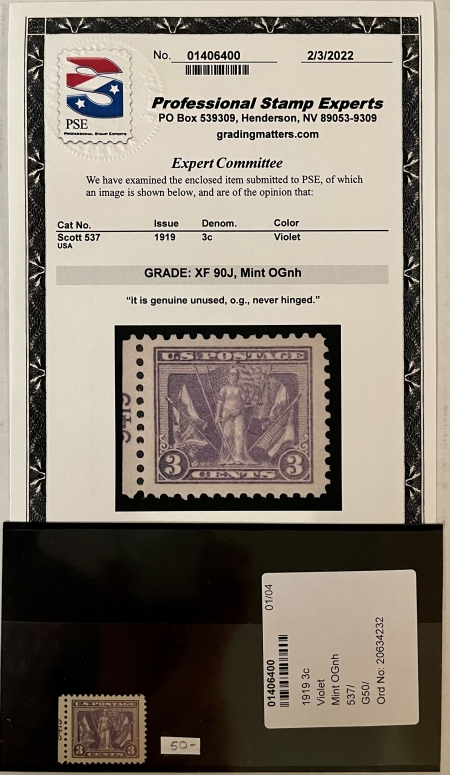 U.S. Stamps #SCOTT #537 1919 3c VIOLET, XF 90J, MINT OGNH, SMQ=$50