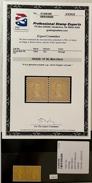 U.S. Stamps SCOTT #603 PR 1924 10c ORANGE, VF 80, MINT OGNH, SMQ=$20