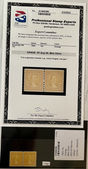 U.S. Stamps SCOTT #603 PR 1924 10c ORANGE, XF-SUP 95, MINT OGNH, SMQ=$175