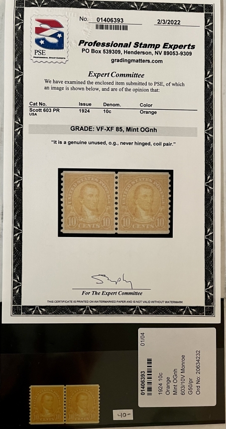 U.S. Stamps SCOTT #603 PR 1924 10c ORANGE, VF-XF 85, MINT OGNH, SMQ=$40