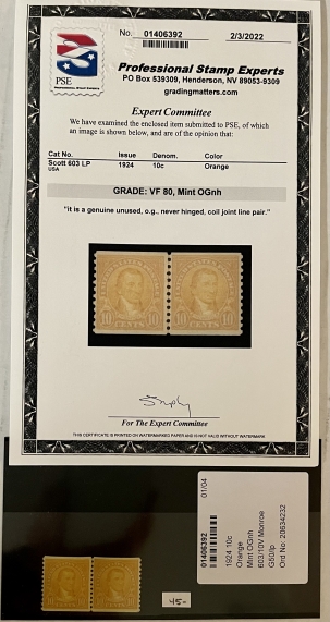 U.S. Stamps SCOTT #603 LINE PAIR 1924 10c ORANGE, VF 80, MINT OGNH, SMQ=$45