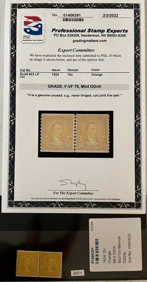 U.S. Stamps SCOTT #603 LP 1924 10c ORANGE, V-VF 75, MINT OGNH, SMQ=$20