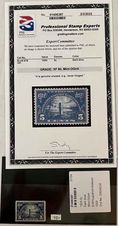 U.S. Stamps SCOTT #616 1924 5c DARK BLUE, XF 90, MINT OGNH, SMQ=$75