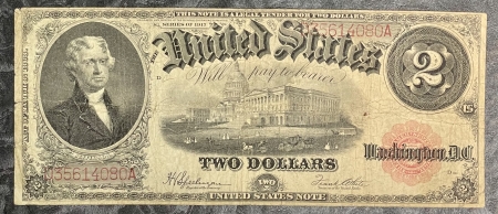 Large U.S. Notes 1917 $2 U.S. NOTE, FR-60, HONEST FINE+ WITH SOME INSIGNIFICANT MARGIN SPLITS