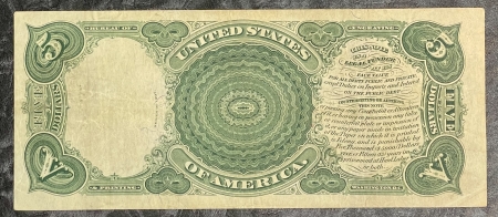 Large U.S. Notes 1907 $5 U.S. NOTE, FR-91, “WOOD CHOPPER”, NICE BRIGHT VF, LOOKS BETTER