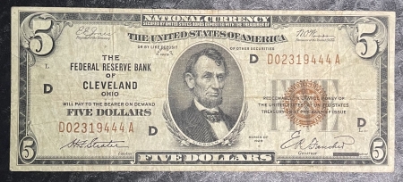 Small Federal Reserve Notes 1929 FEDERAL RESERVE NOTE BROWN SEAL 5 PIECE TYPE SET, $5, $10, $20, $50 & $100