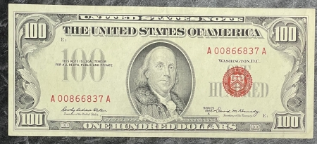 Small U.S. Notes 1966-A $100 US NOTE, FR-1551, CHOICE AU-58 W/ BRIGHT COLOR, EMBOSSING & BODY