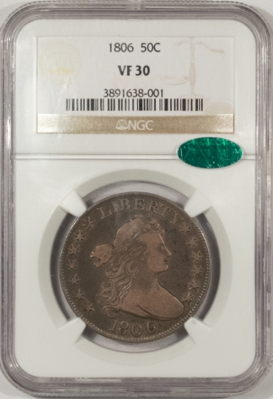 CAC Approved Coins 1806 DRAPED BUST HALF DOLLAR, KNOB 6, SMALL STARS – NGC VF-30, CAC APPROVED)