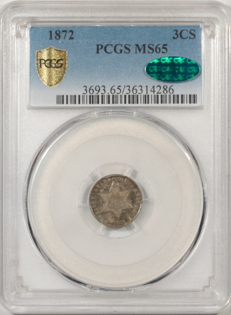 CAC Approved Coins 1872 THREE CENT SILVER PCGS MS-65 CAC, FRESH & PRETTY, 1,000 MINTAGE, RARE!